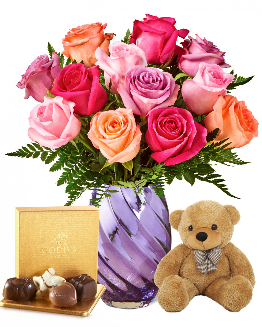 12 Shine Mixed Roses with Teddy and Godiva | Today Flower Delivery