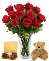 1 Dozen Long Stem Red Roses with Bear & Godiva® 