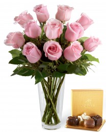 Pink Rose Bouquet with Godiva® Chocolate and Vase